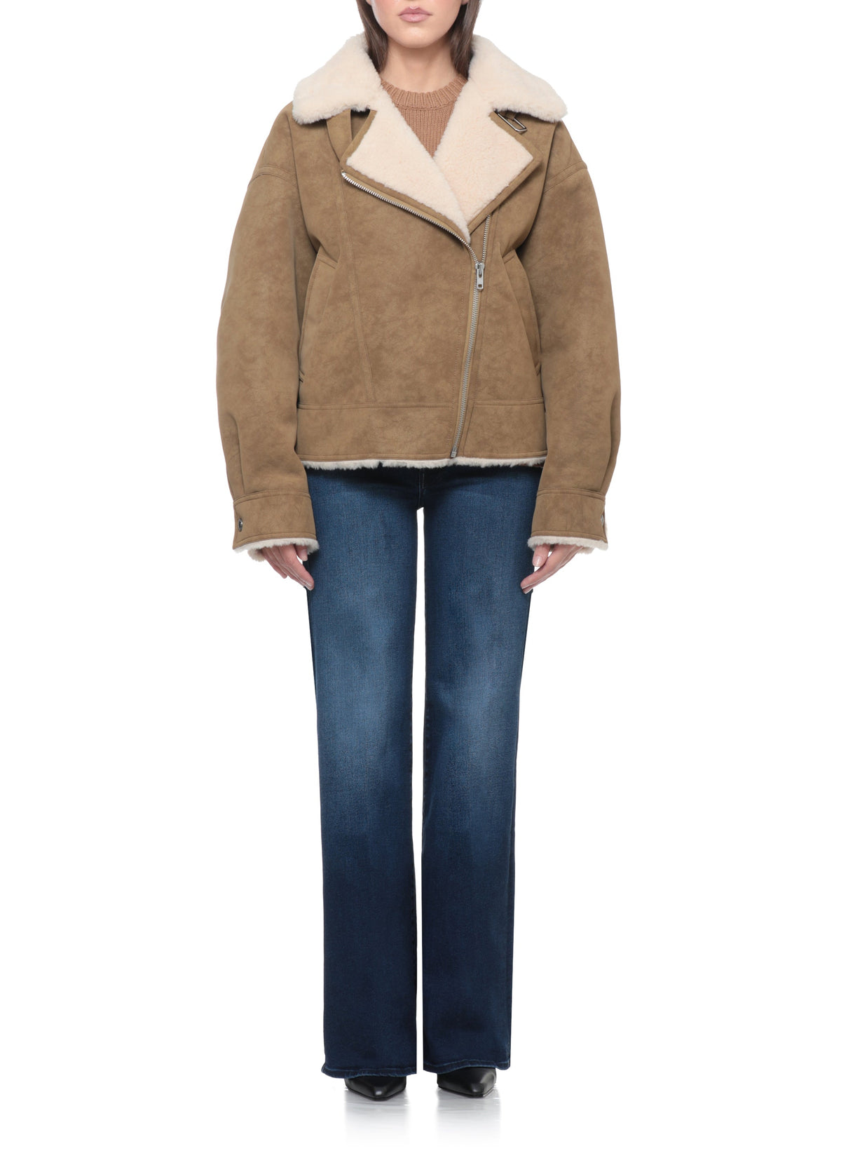 Asymmetrical Zip Brown Jacket with Plush Faux Fur Collar – view 2