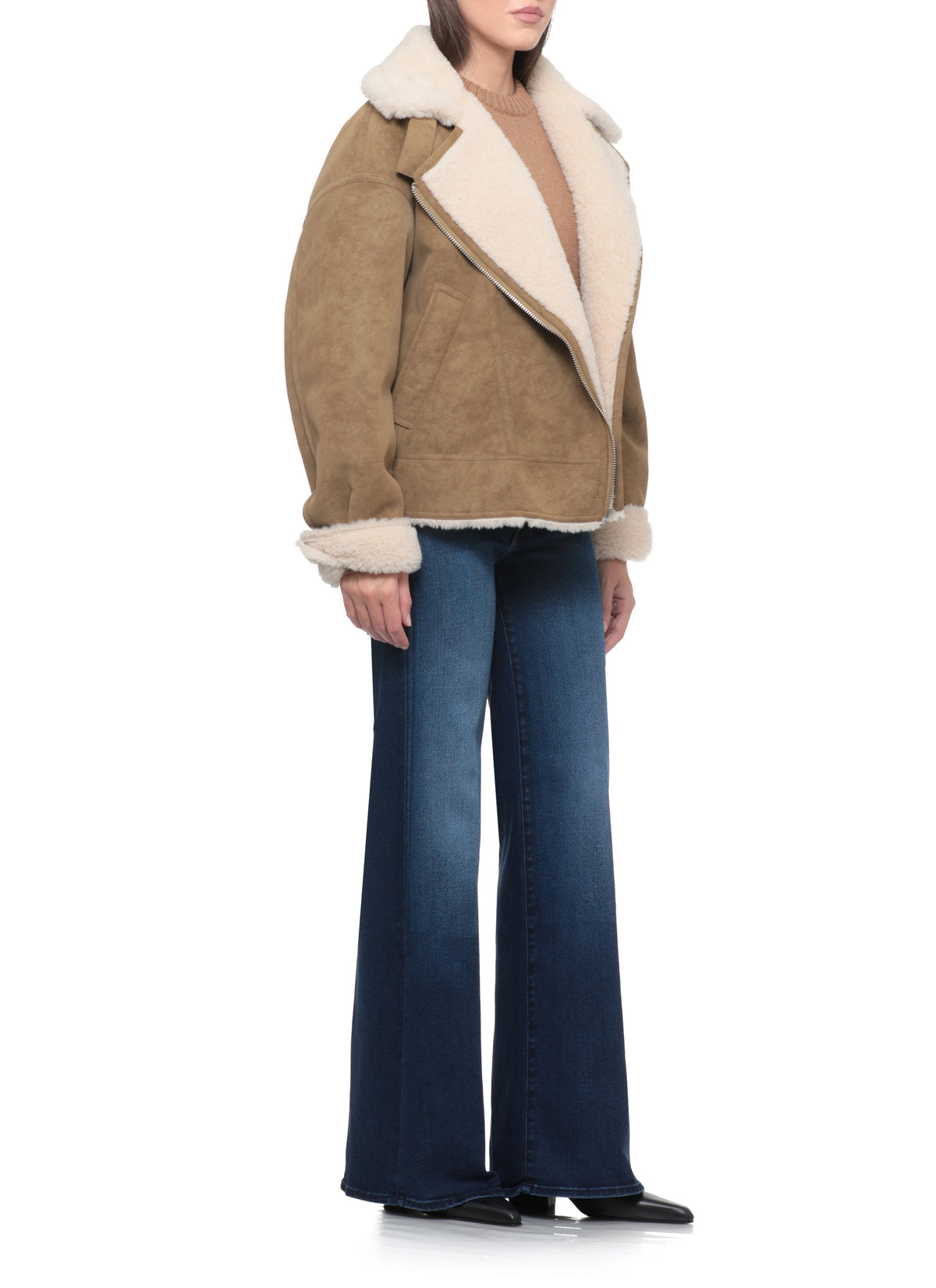 Asymmetrical Zip Brown Jacket with Plush Faux Fur Collar – view 5