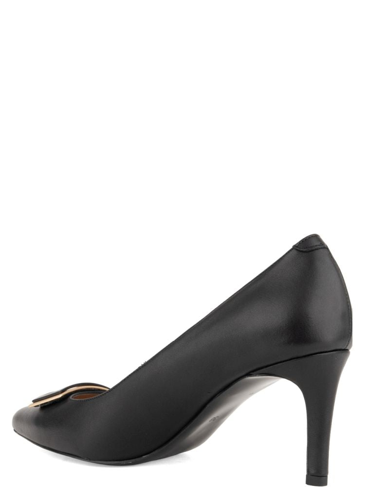 Black Square Buckle Leather Low-Heel Pumps – view 3