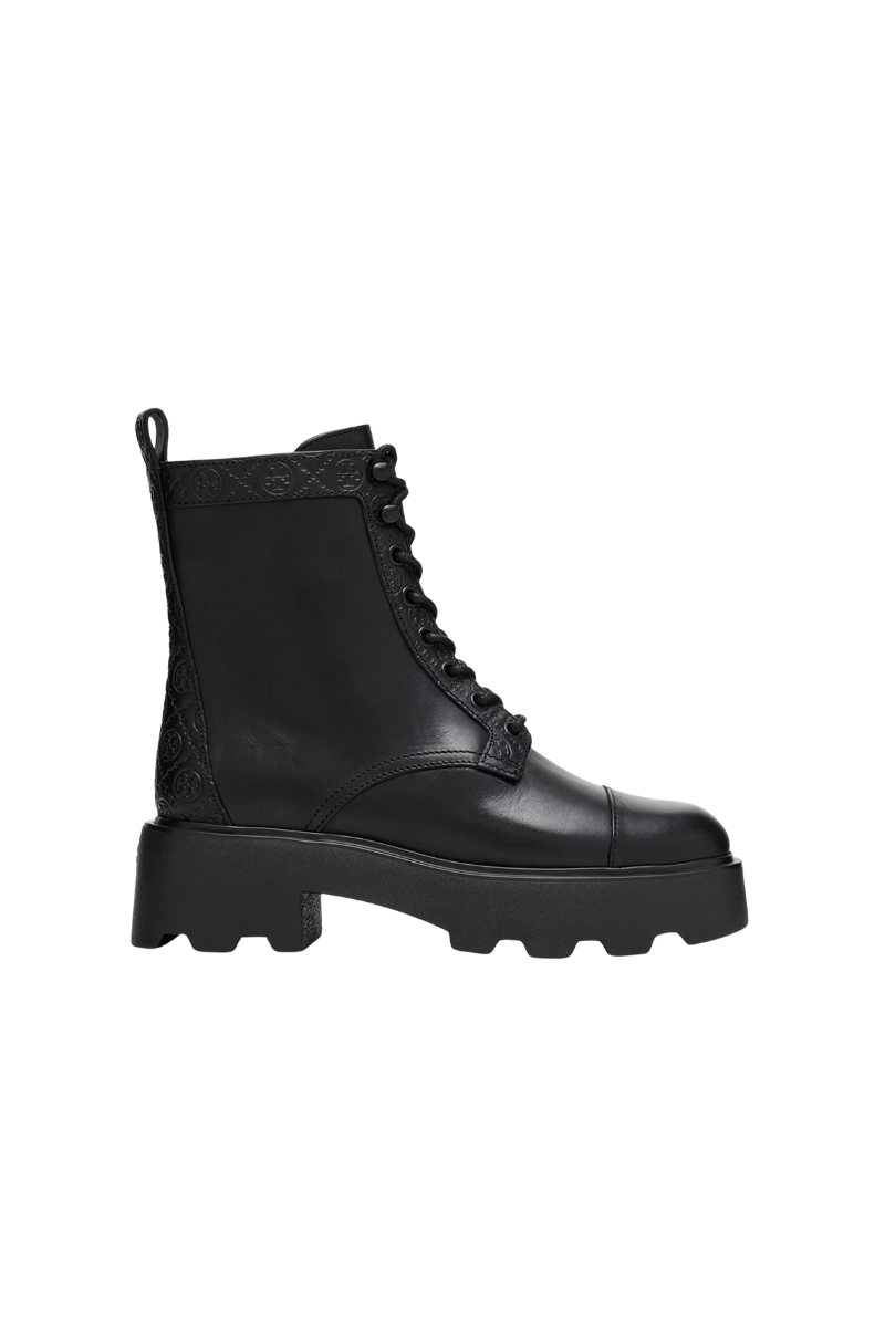 Tory Burch T Monogram Leather Lace-Up Ankle Boots 65Mm In Black – view 1