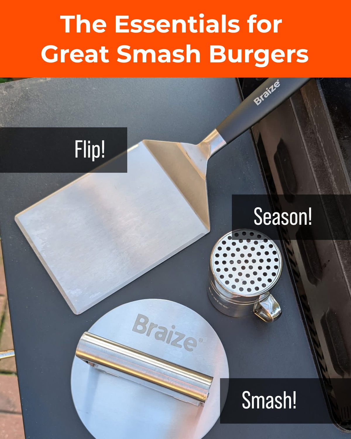 Braize Smash Burger Press Kit with Seasoning Shaker, Stainless Steel Burger Press, Wide Spatula – view 4