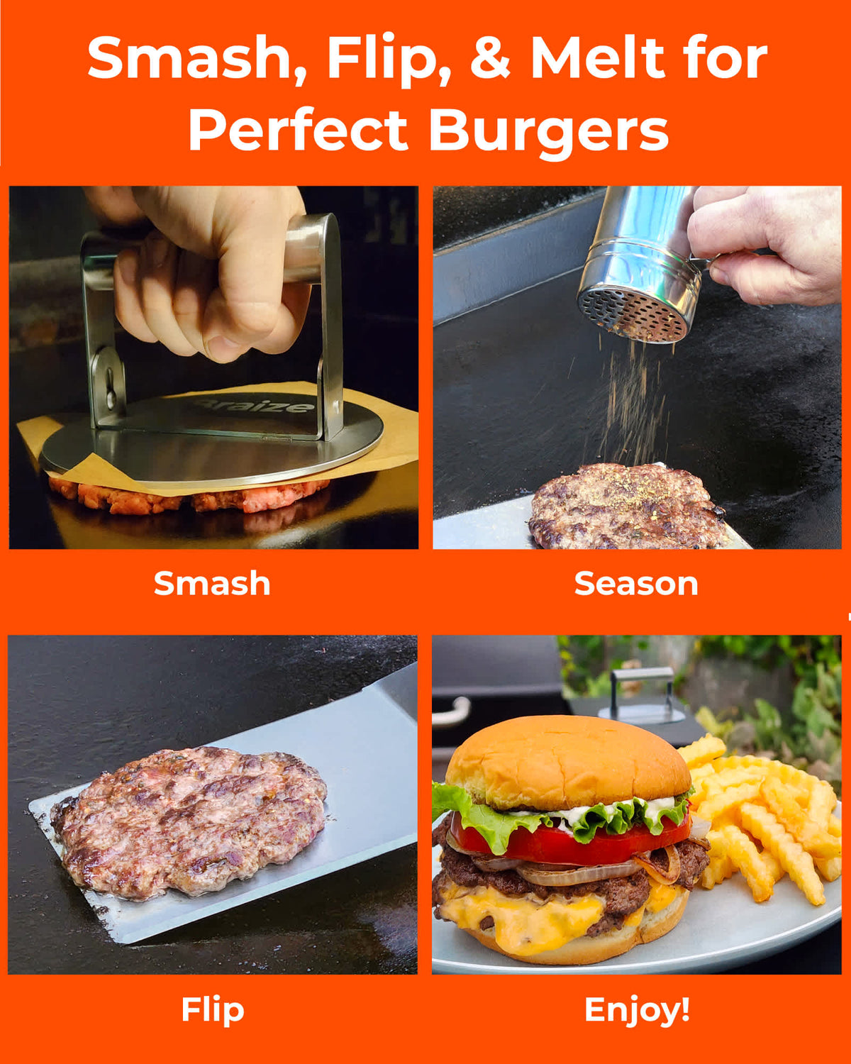 Braize Smash Burger Press Kit with Seasoning Shaker, Stainless Steel Burger Press, Wide Spatula – view 5