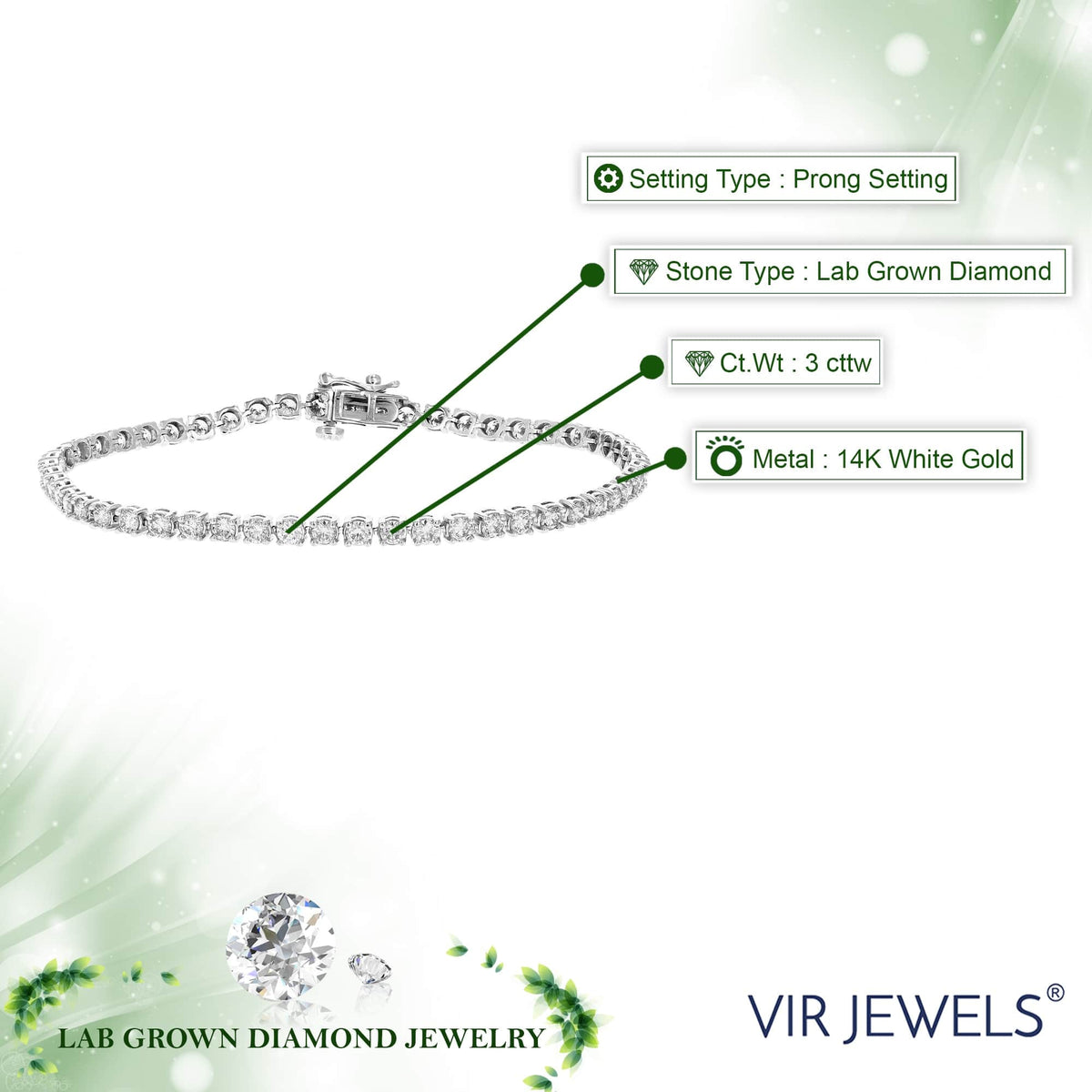 3 cttw Lab Grown Diamond Tennis Bracelet in 14K Gold 7.5 Inch For Women – view 5