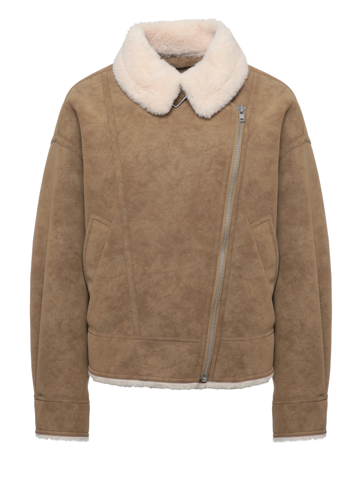 Asymmetrical Zip Brown Jacket with Plush Faux Fur Collar – view 1