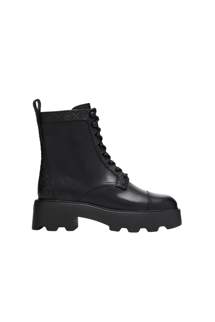 Tory Burch T Monogram Leather Lace-Up Ankle Boots 65Mm In Black – view 1