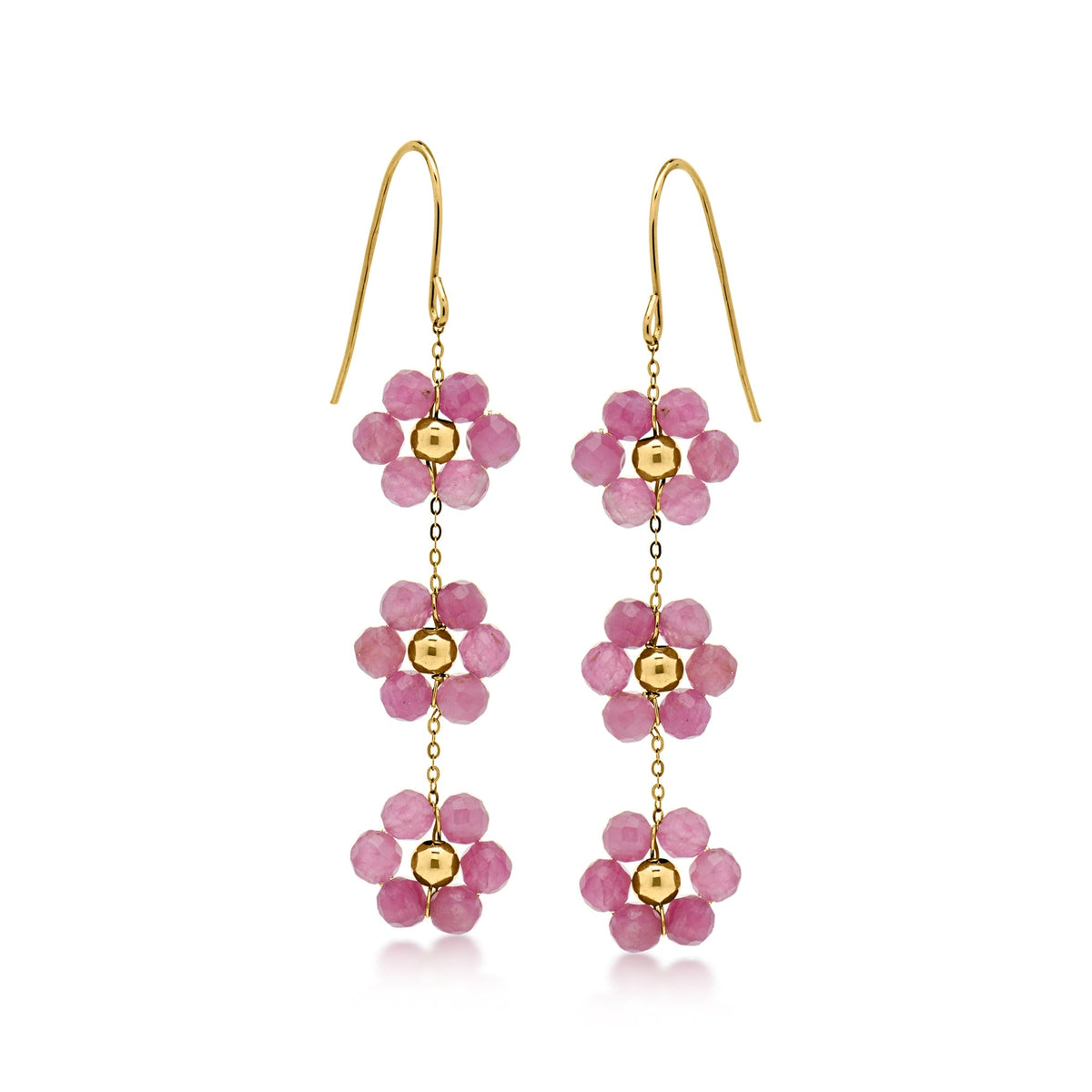 RS Pure by Ross-Simons Pink Tourmaline Bead Flower Drop Earrings in 14kt Yellow Gold – view 1