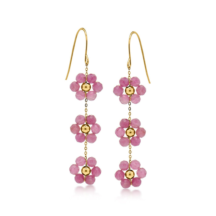 RS Pure by Ross-Simons Pink Tourmaline Bead Flower Drop Earrings in 14kt Yellow Gold – view 1