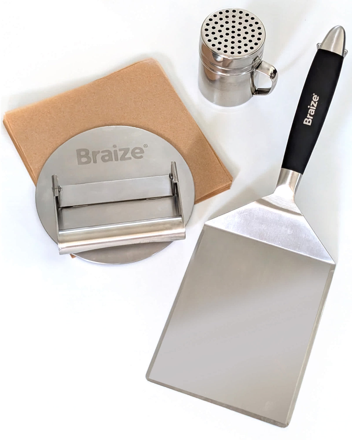 Braize Smash Burger Press Kit with Seasoning Shaker, Stainless Steel Burger Press, Wide Spatula – view 1