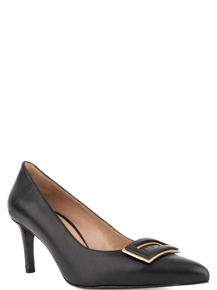 Black Square Buckle Leather Low-Heel Pumps – view 2