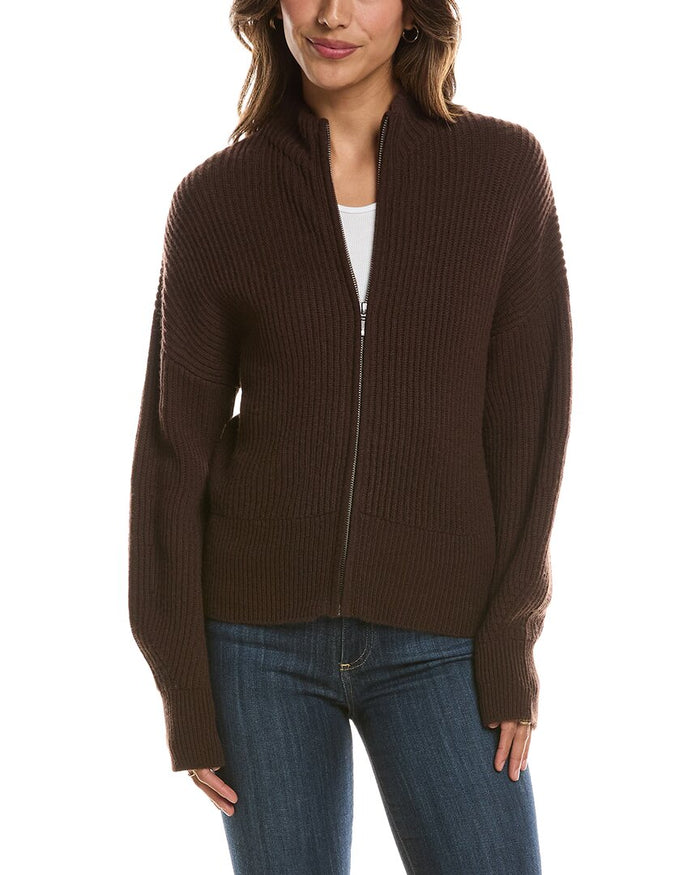 Forte Cashmere Rib Zip Mock Neck 100% Cashmere Cardigan – view 1