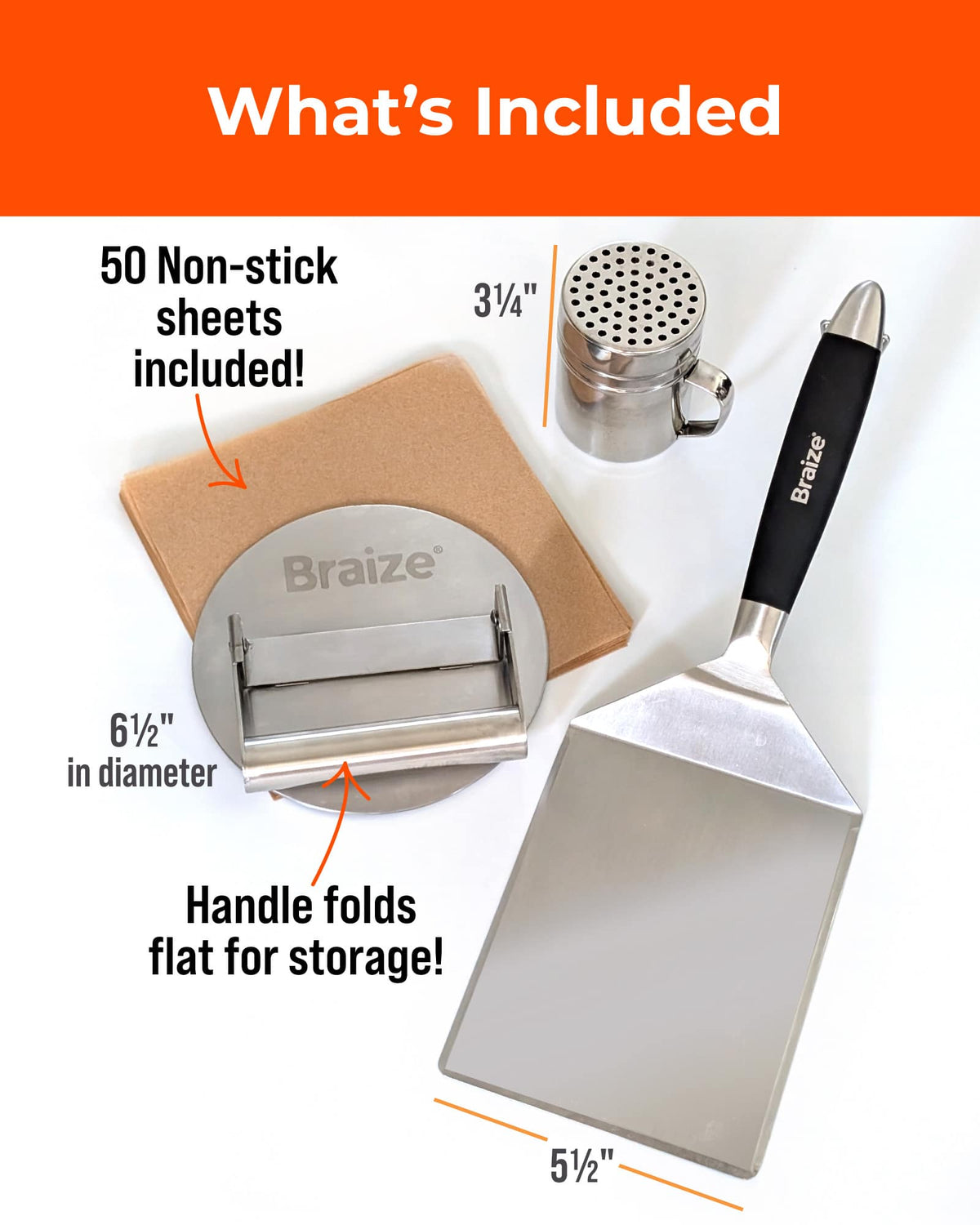 Braize Smash Burger Press Kit with Seasoning Shaker, Stainless Steel Burger Press, Wide Spatula – view 3