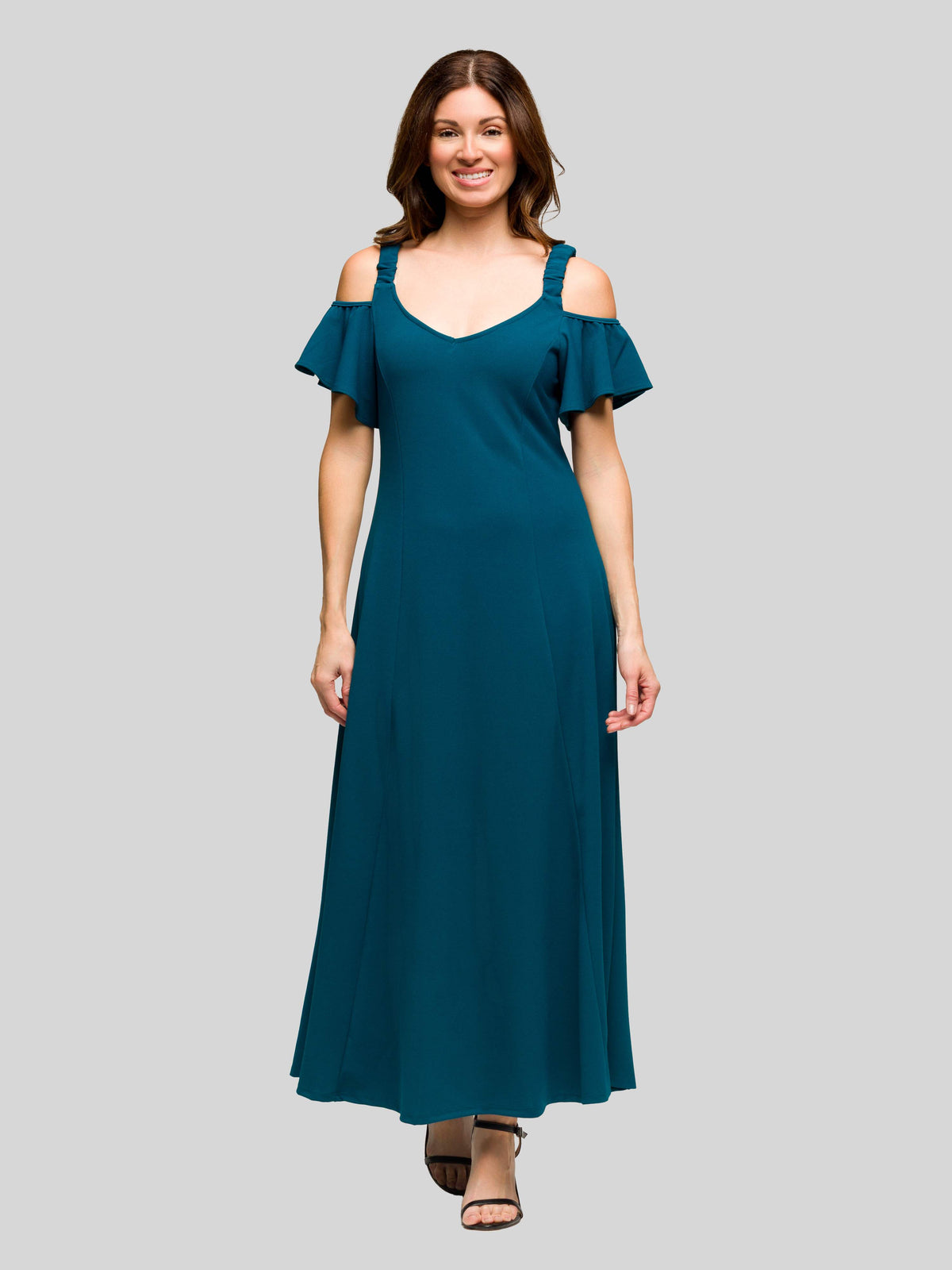 24seven Comfort Apparel Womens Soft V Neck Cold Sholder Ruffle Sleeve Wide A Line Maxi Dress – view 1