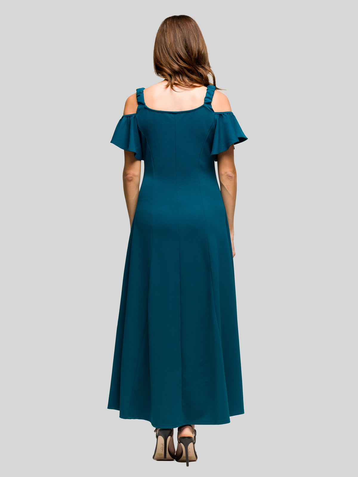 24seven Comfort Apparel Womens Soft V Neck Cold Sholder Ruffle Sleeve Wide A Line Maxi Dress – view 3