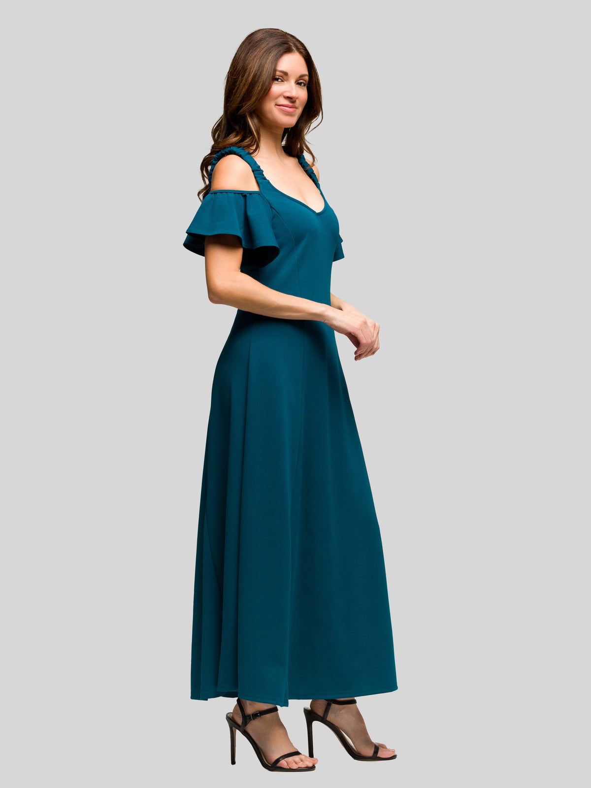 24seven Comfort Apparel Womens Soft V Neck Cold Sholder Ruffle Sleeve Wide A Line Maxi Dress – view 2